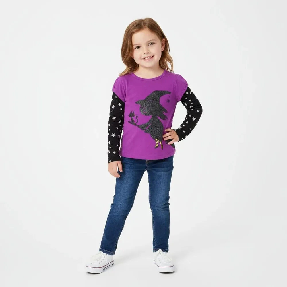 Halloween Witch Shirt Girls 4T Top Star Purple Black Glitter Long Sleeve Cute